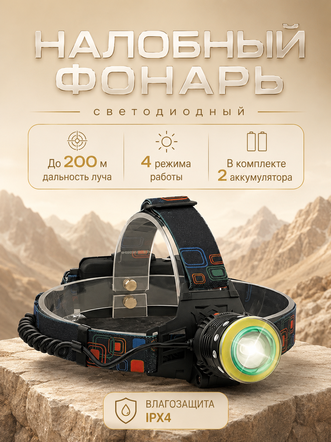 Фонарь налобный аккумуляторный для кемпинга и ремонта, регулируемый, черный