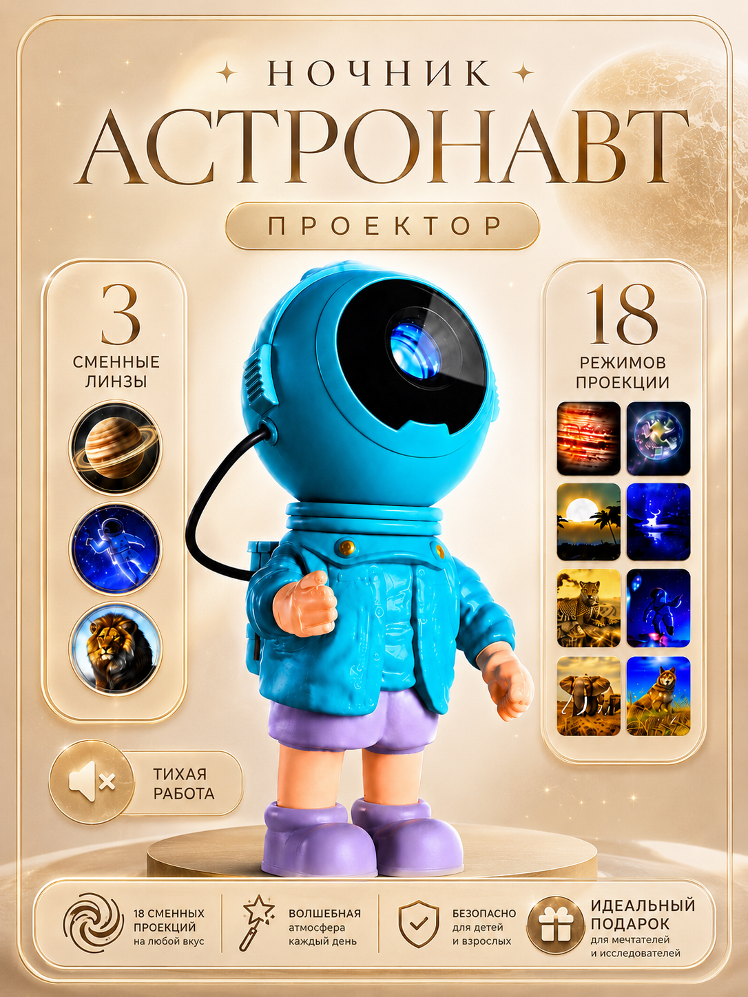 Ночник проектор Космонавт (Астронавт), Ночник проектор для детской, гостиной, 18 проекций, Бирюзовый