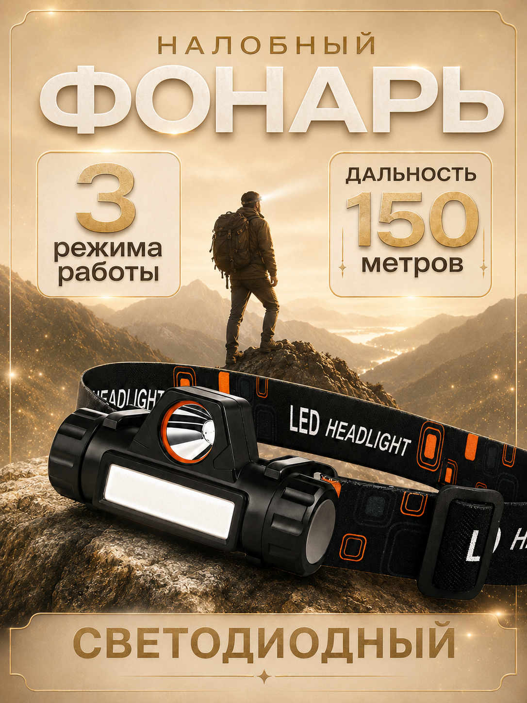 Фонарь налобный аккумуляторный влагозащищенный, несколько режимов, черный