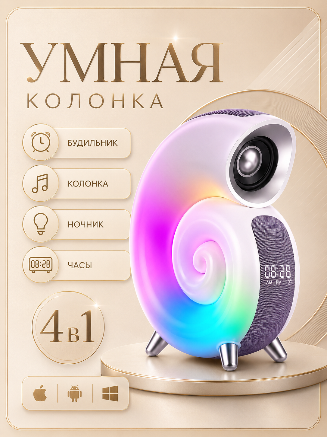 Умный светильник "Улитка", с Bluetooth-колонкой, ночник, часы, 4в1, Белый