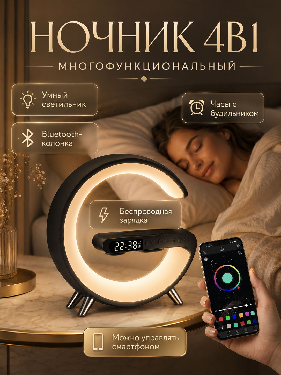 Умный светильник "Ночник", RGB, с беспроводной зарядкой, 15 Вт, черный