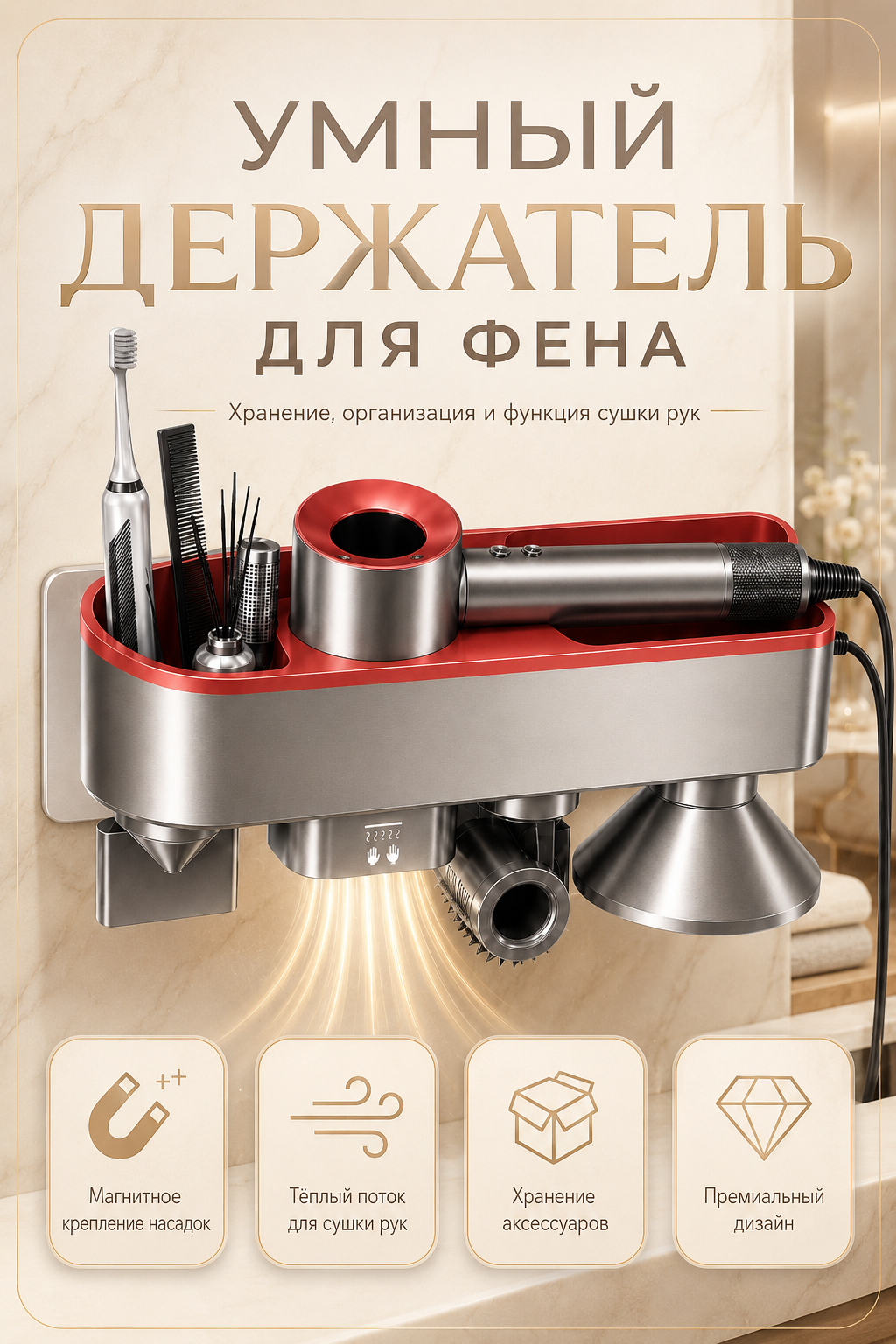 Держатель настенный для фена Dyson, Полка с органайзером для ванной, Cушилка для рук, Красный