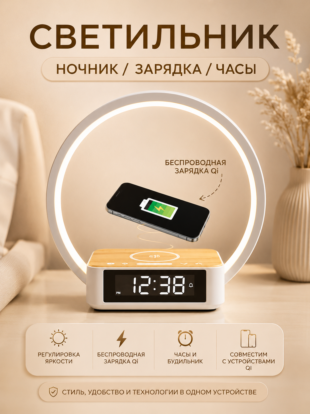 Умный светильник "Ночник", с беспроводной зарядкой, часами, будильником