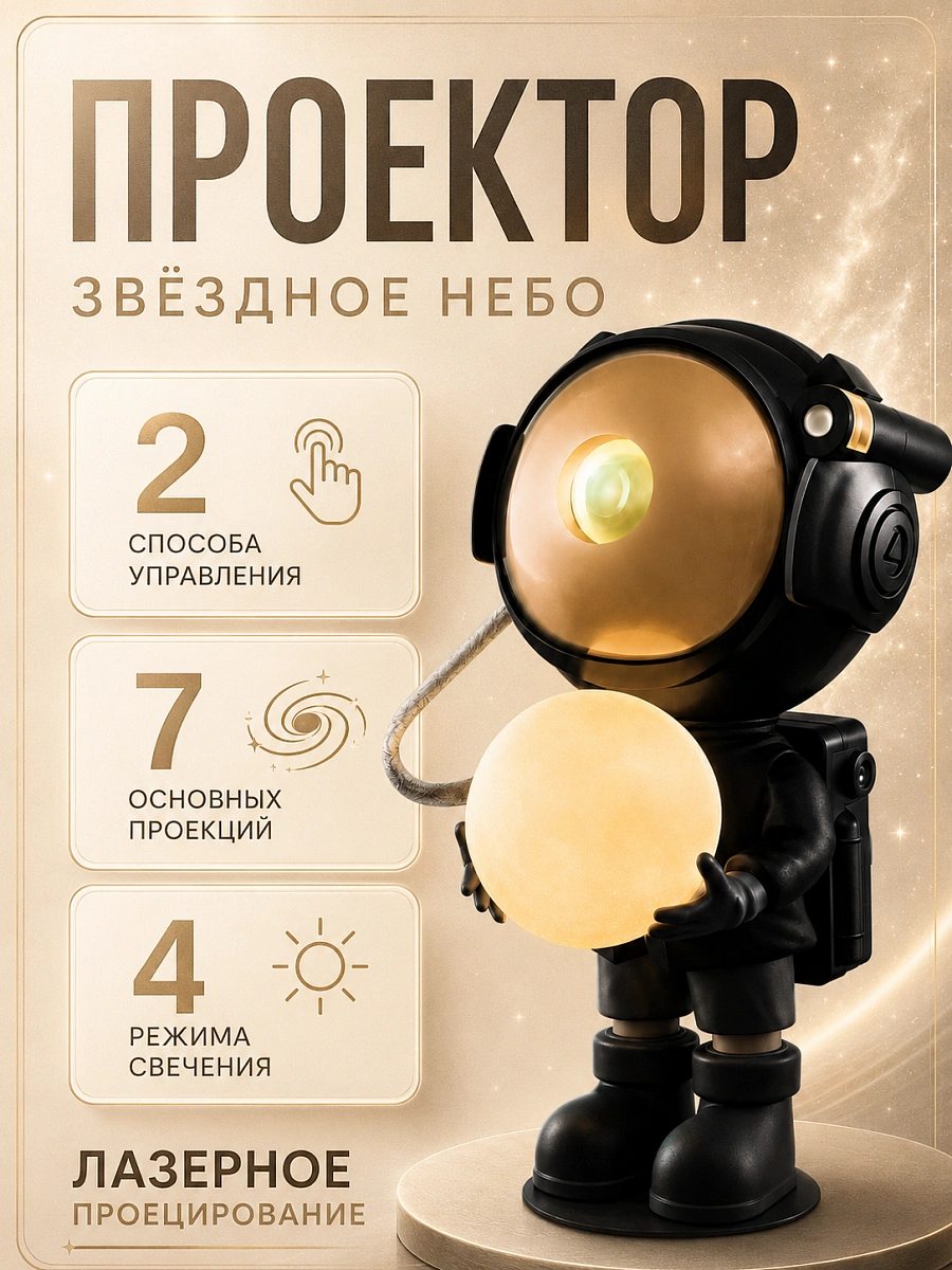 Ночник проектор звездного неба Космонавт (Астронавт), Пульт управления в комплекте, Черный