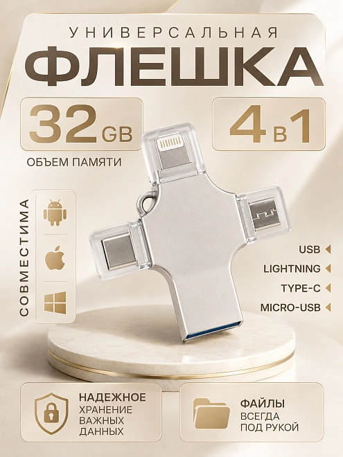 Внешний накопитель 4 в 1 USB флешка Lightning, MicroUSB, Type-C, USB, FLASH накопитель для iOS, Android, Windows, 32gb, Серебристый