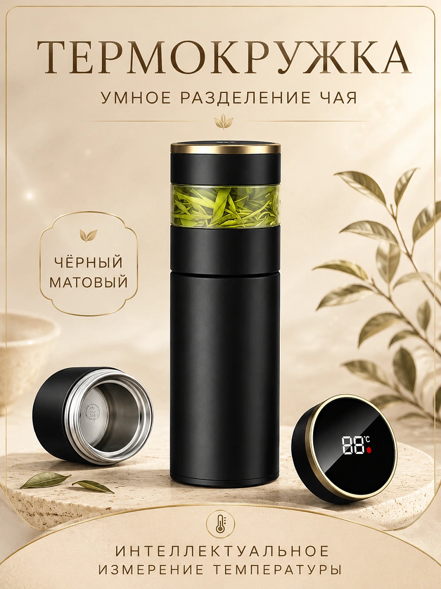 Термос с датчиком температуры, Термобутылка с LCD дисплеем, Умный термос для горячих напитков, 0,3 л, Черный