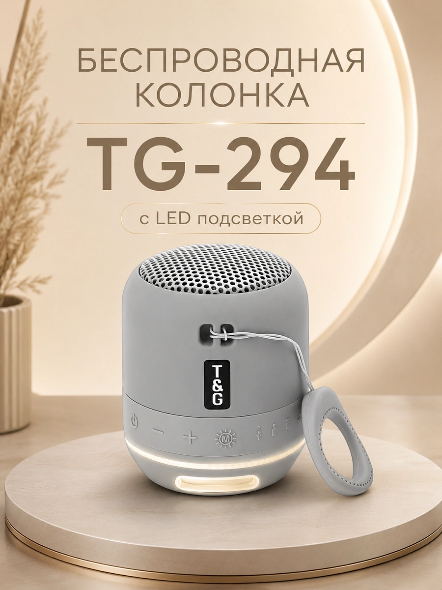 Беспроводная колонка TG-294 Bluetooth, Портативная мини колонка с LED подсветкой, Серая