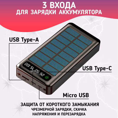 Повербанк 50000mAh, внешний аккумулятор на солнечной батареи для iPhone и Android, Power Bank 4 провода, Черный фото 3