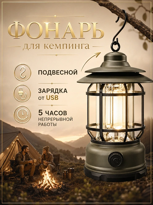Фонарь кемпинговый аккумуляторный ретро, свет 360°, Type-C, зеленый