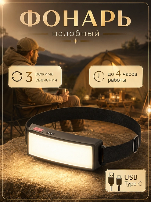 Фонарь налобный аккумуляторный с USB-C, 3 режима, до 4 часов, черный