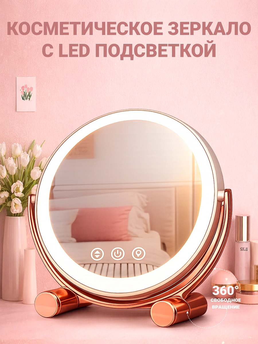 Косметическое зеркало для макияжа с LED подсветкой для девушек настольное 360°, 3 режима подсветки 3200-7500K