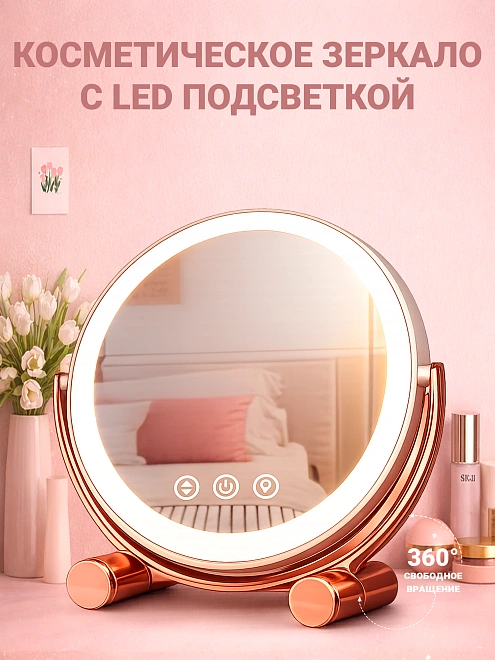 Косметическое зеркало для макияжа с LED подсветкой для девушек настольное 360°, 3 режима подсветки 3200-7500K