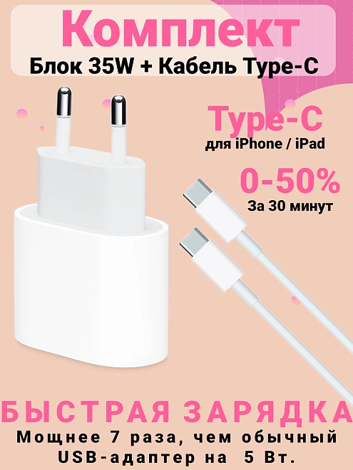 Сетевое зарядное устройство Premium Type-C 35W + кабель USB-C - USB-C, 2м для iPhone 15, iPad, AirPods