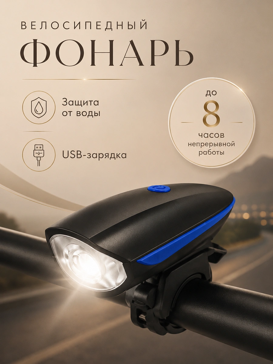 Велосипедная фара 250 лм с сигналом 140 дБ и USB-зарядкой, синяя