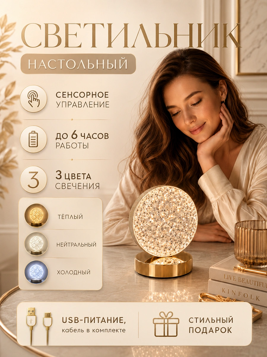Светильник "Луна", настольный, беспроводной, сенсорный, акриловый