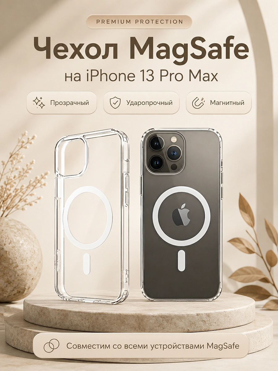 Чехол для iPhone 13 Pro Max с поддержкой MagSafe, противоударный, прозрачный