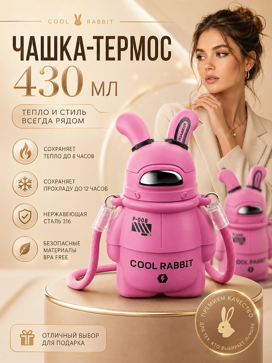 Термос детский с ремешком SPACE RABBIT, Термобутылка для горячих напитков, Непроливайка с кнопкой, 430мл, Розовый