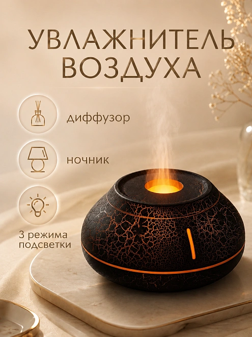 Увлажнитель воздуха ультразвуковой Вулкан круглый с подсветкой, 130 мл, черный