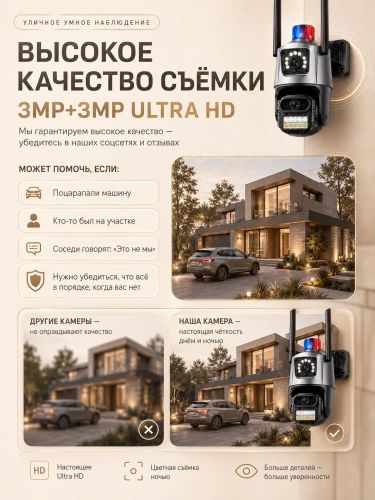 Уличная Wi‑Fi камера видеонаблюдения с 2 объективами 3,6 и 12 мм, 4 Мп, PTZ, IP66, iCSee фото 3 Уличная Wi‑Fi камера видеонаблюдения с 2 объективами 3,6 и 12 мм, 4 Мп, PTZ, IP66, iCSee фото 3