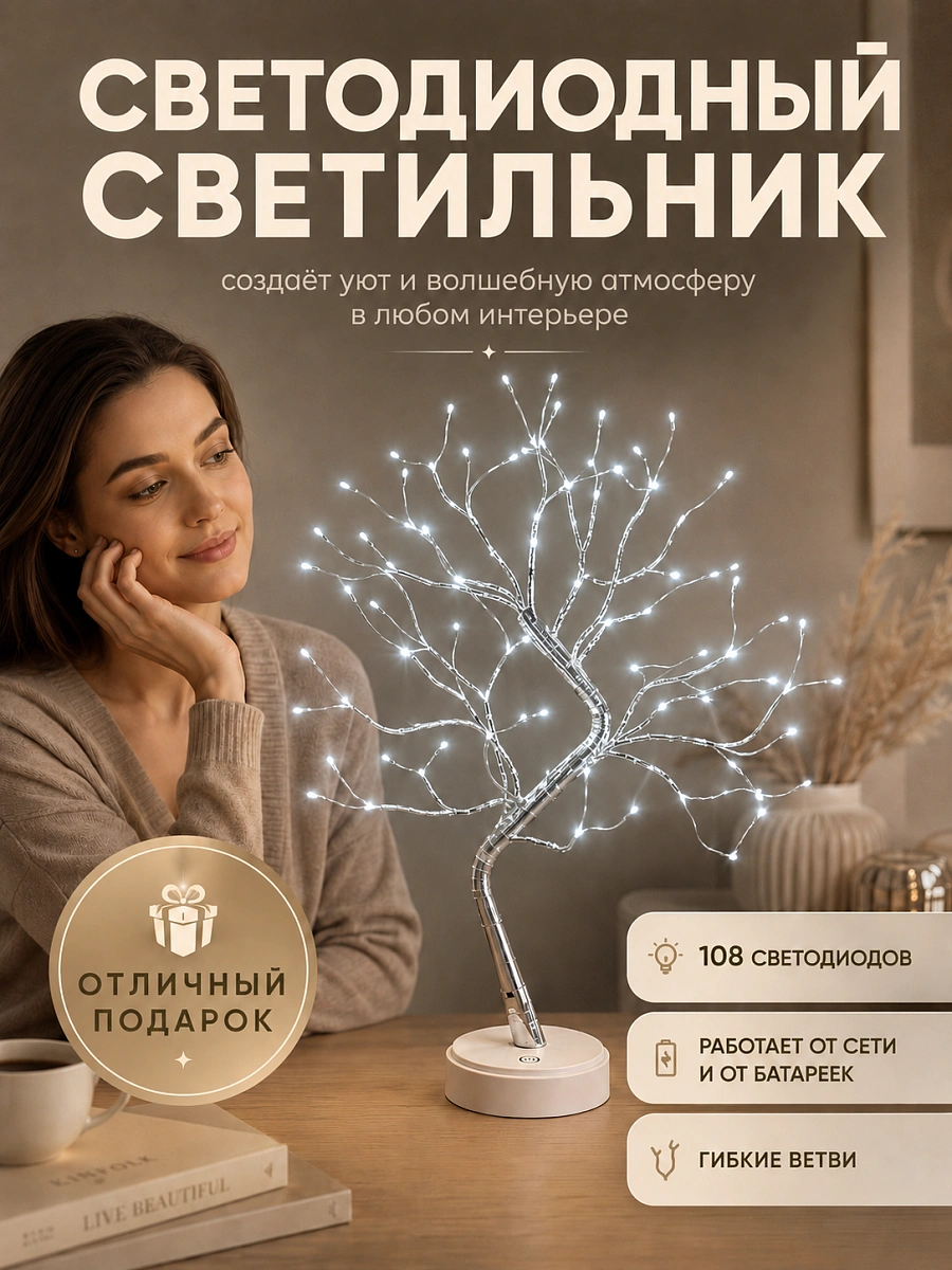 Светильник настольный Cветодиодное дерево, Cветильник ночник Дерево светодиодный, Холодный свет