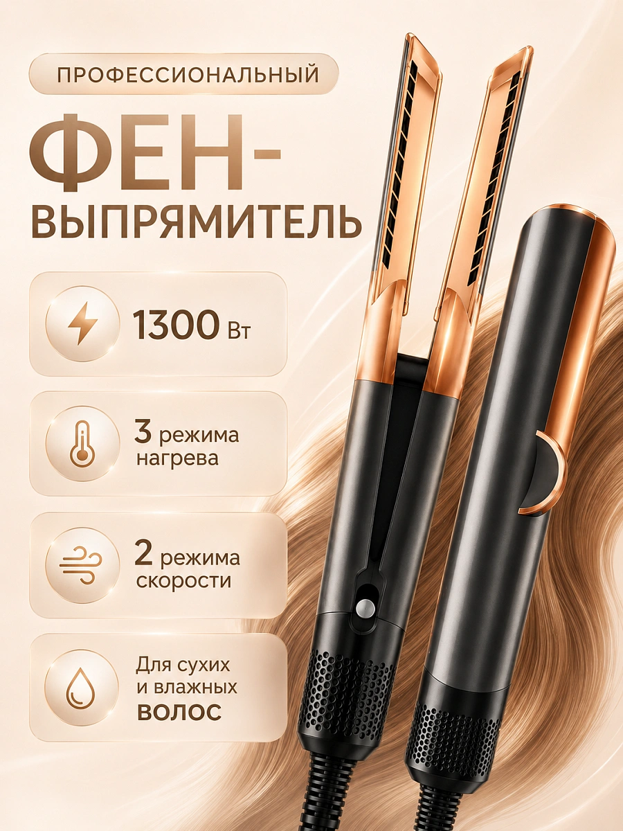 Плойка, выпрямитель, фен профессиональный, для влажных и сухих волос, 2в1 для укладки волос, никель/медь