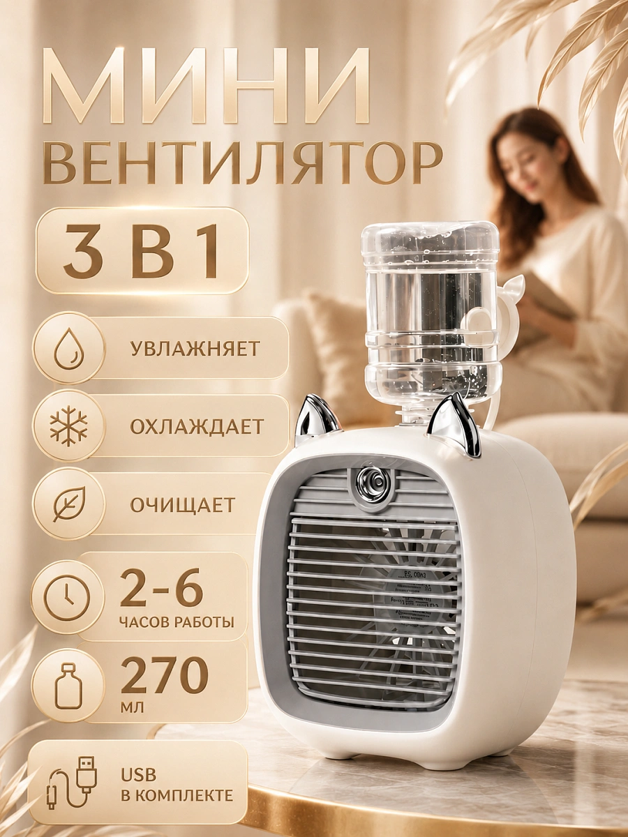 Мини кондиционер "Кошачьи ушки", серый, настольный, 3 скорости, 10Вт
