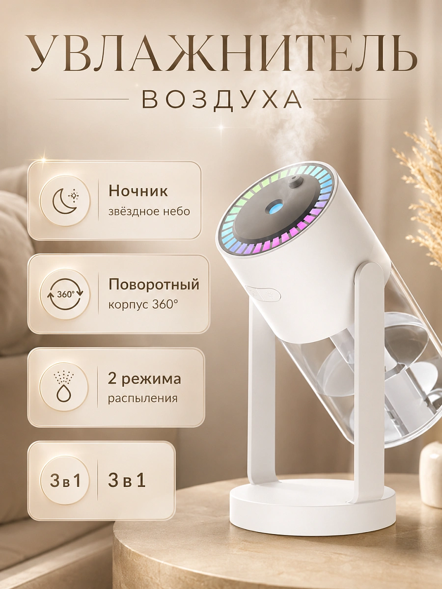 Увлажнитель воздуха ультразвуковой Starry Sky с подсветкой и аромадиффузором, 280 мл, белый