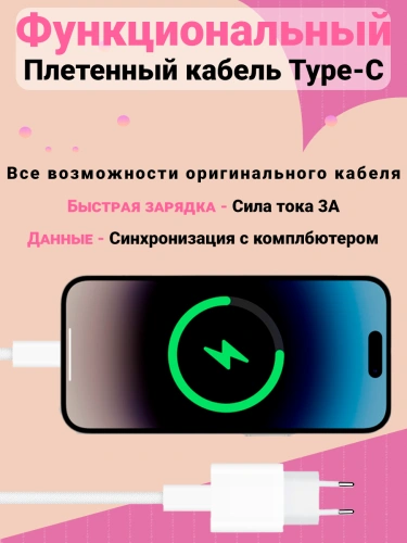 Кабель Type-C - Type-C плетенный для айфона, iPhone 15 Pro Max, Pro, Plus, iPad, AirPods, Android, 2 метра фото 3
