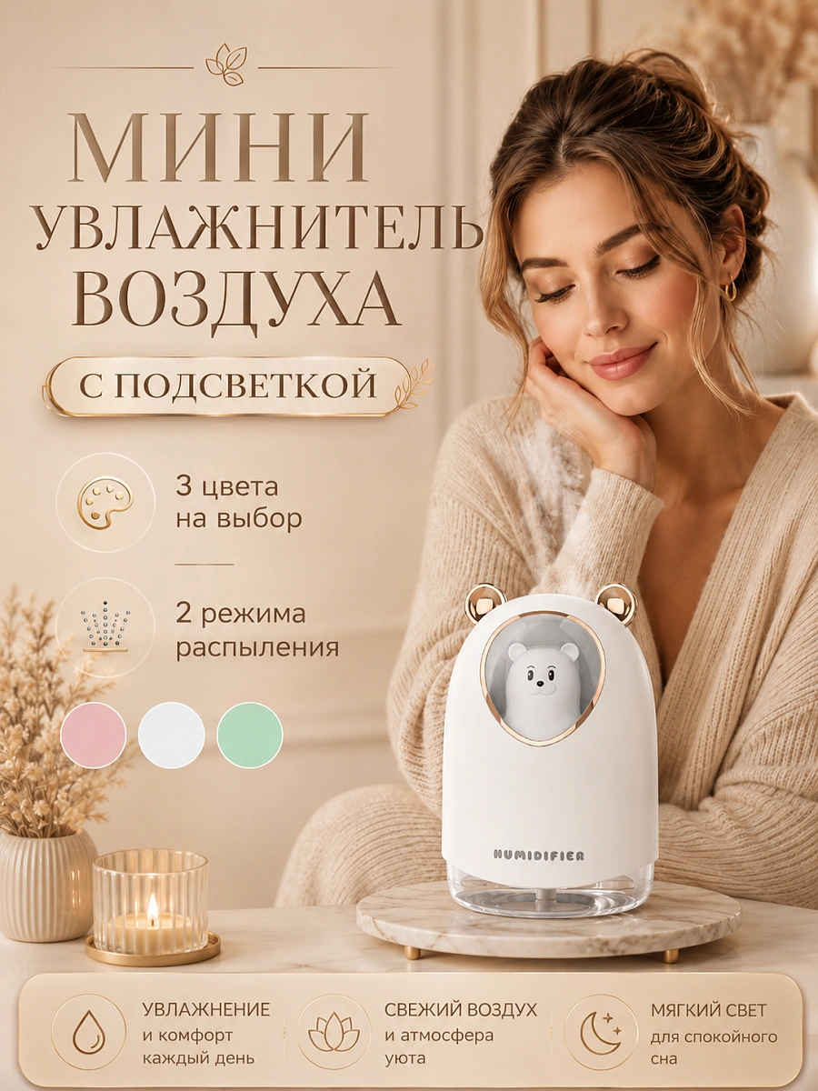 Мини-увлажнитель воздуха ультразвуковой Мишка с подсветкой и аромадиффузором, 300 мл, белый