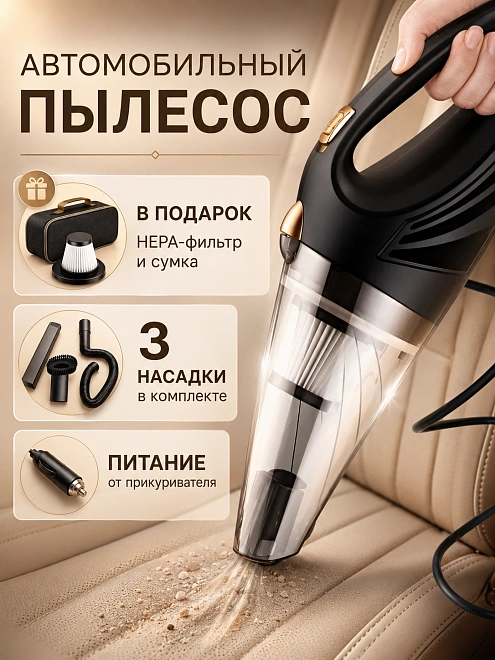 Пылесос автомобильный, с нера-фильтром, мощность 120 Вт, от прикуривателя, черный