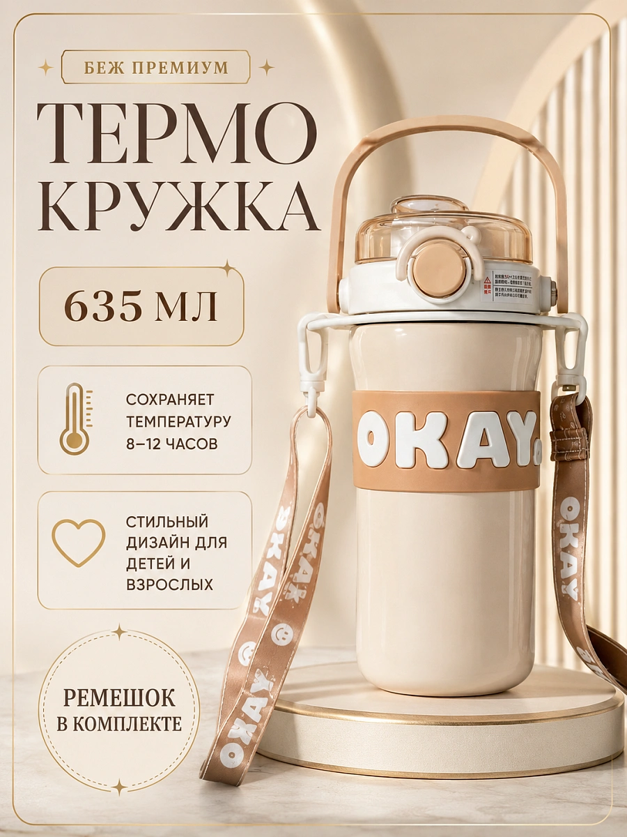 Термос детский с ремешком OKAY, Термобутылка с ручкой, Непроливайка для горячих напитков, 635 мл, Бежевый