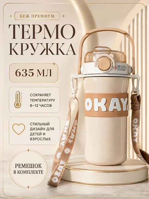 Термос детский с ремешком OKAY, Термобутылка с ручкой, Непроливайка для горячих напитков, 635 мл, Бежевый