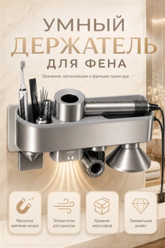 Держатель настенный для фена Dyson, Полка с органайзером для ванной, Cушилка для рук, Серебристый