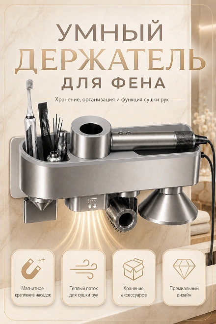 Держатель настенный для фена Dyson, Полка с органайзером для ванной, Cушилка для рук, Серебристый