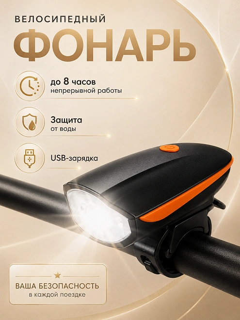 Фонарь велосипедный 250 лм с гудком и стробоскопом, USB, оранжевый