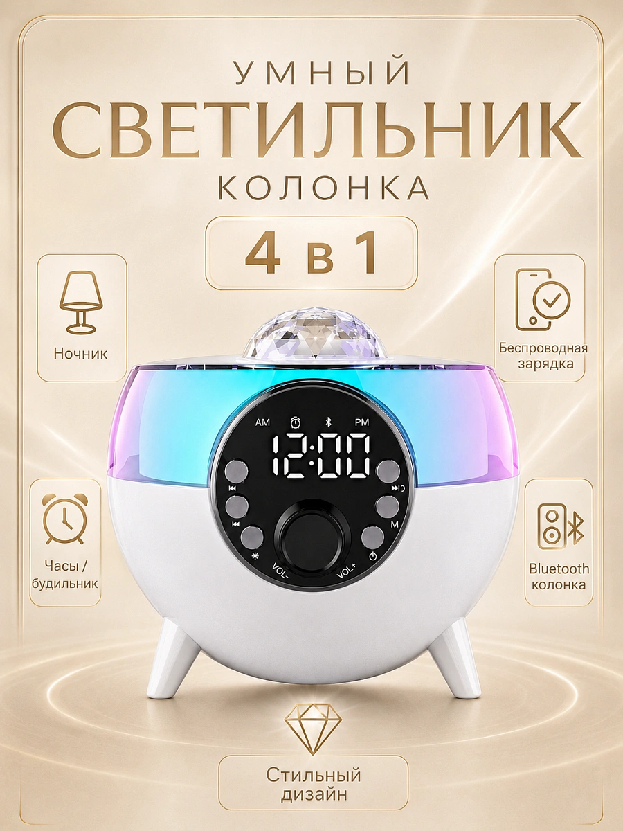Умный светильник Ночник с беспроводной зарядкой 15W, Часами, Будильником и Bluetooth колонкой, Белый