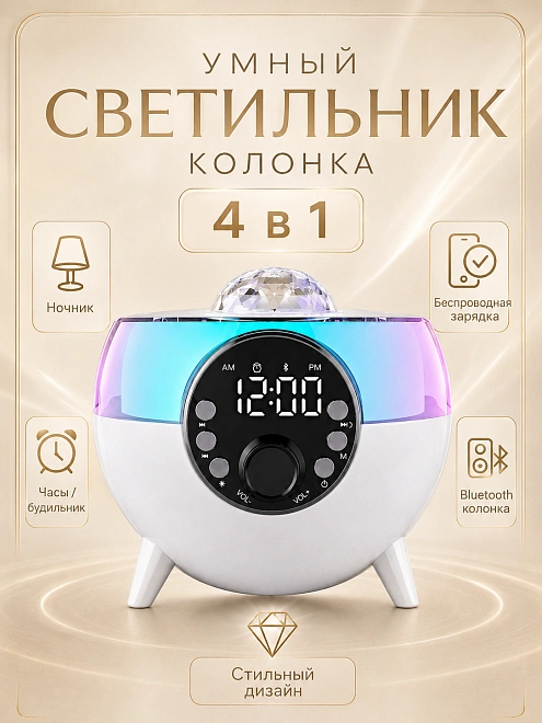 Умный светильник Ночник с беспроводной зарядкой 15W, Часами, Будильником и Bluetooth колонкой, Белый