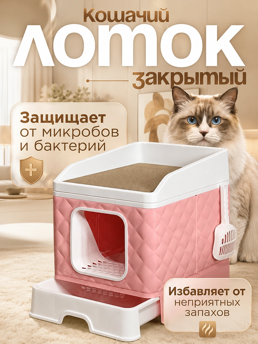 Лоток для кошек закрытый с когтеточкой, Закрытый туалет домик для животных, Розовый