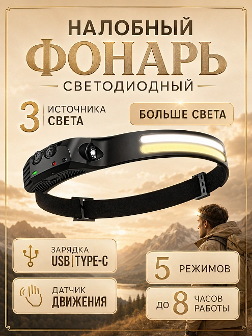 Фонарь налобный светодиодный аккумуляторный для спорта и дачи, черный
