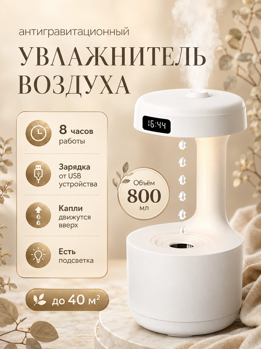 Увлажнитель воздуха ультразвуковой Антигравитационная капля с часами и подсветкой, 800 мл, белый