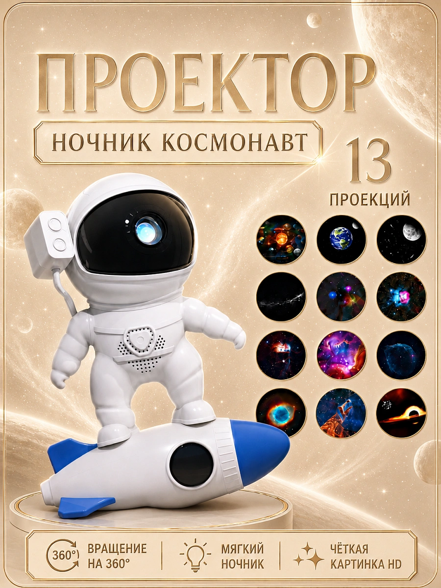 Ночник проектор Астронавт на ракете для детской комнаты, Ночник Космонавт звездное небо, 13 проекций, Белый