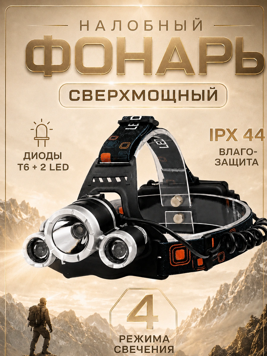 Фонарь налобный аккумуляторный с 3 линзами, 4 режима, до 300 м, черный