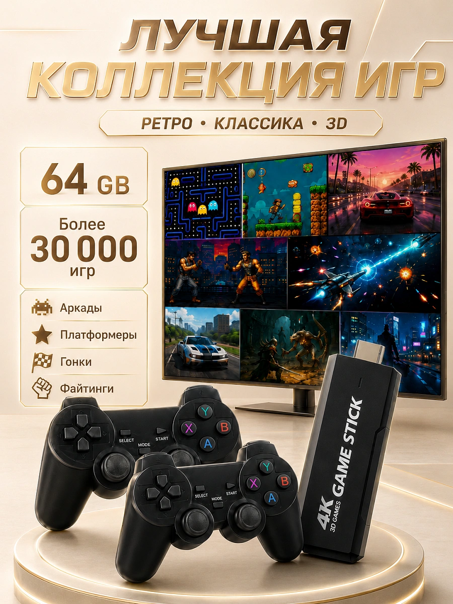 Игровая приставка Game Stick X2 64GB, 30000+ игр ,3D с играми Сега, PS1, PSP и другие