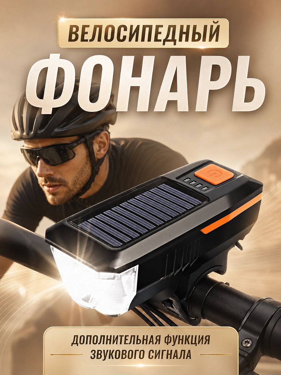 Велофонарь на солнечной батарее с USB, гудком и 3 режимами, оранжевый