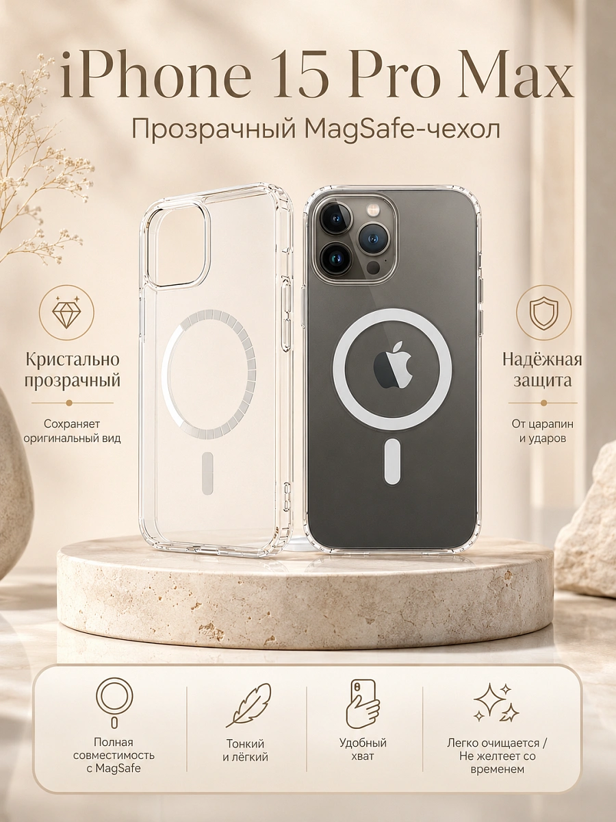 Чехол для iPhone 15 Pro Max с поддержкой MagSafe, противоударный, прозрачный