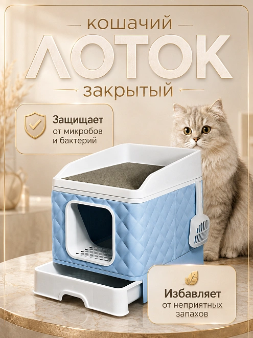 Лоток для кошек закрытый с когтеточкой, Закрытый туалет домик для животных, Голубой