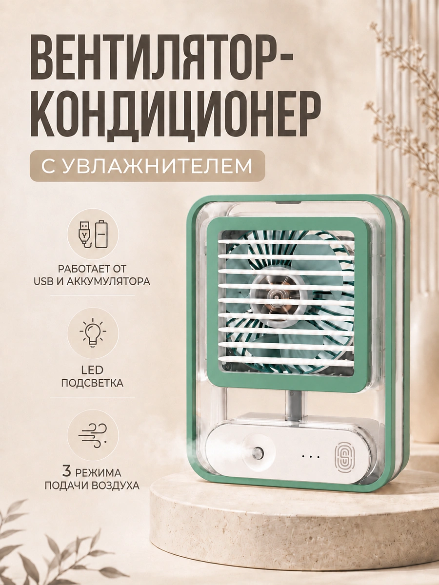 Мини-кондиционер беспроводной, Портативный вентилятор с водяным охлаждением, Зеленый