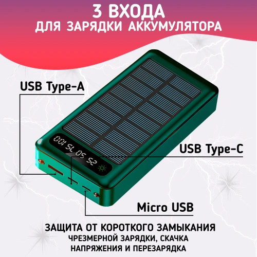 Повербанк 50000mAh, внешний аккумулятор на солнечной батареи для iPhone и Android, Power Bank 4 провода, Зеленый фото 3 Повербанк 50000mAh, внешний аккумулятор на солнечной батареи для iPhone и Android, Power Bank 4 провода, Зеленый фото 3
