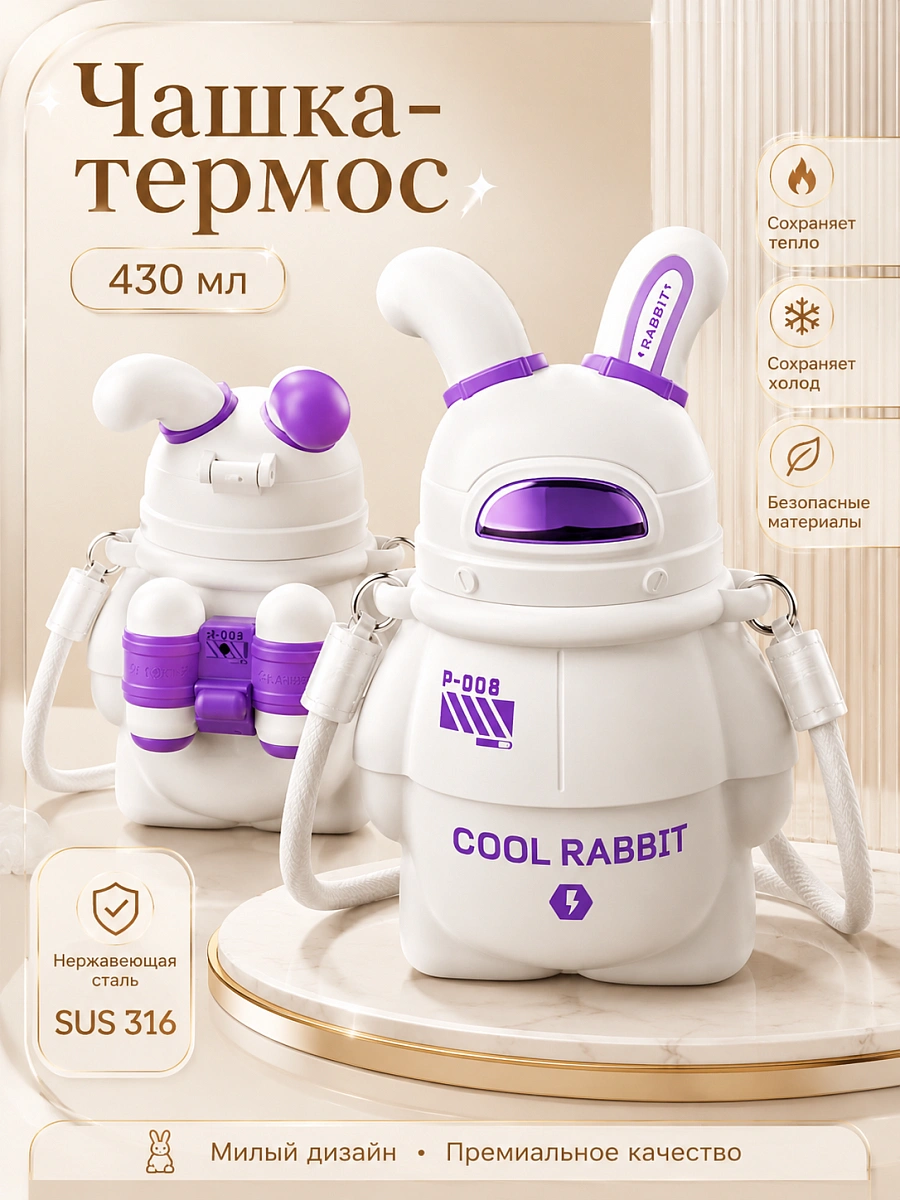 Термос детский с ремешком SPACE RABBIT, Термобутылка для горячих напитков, Непроливайка с кнопкой, 430мл, Белый