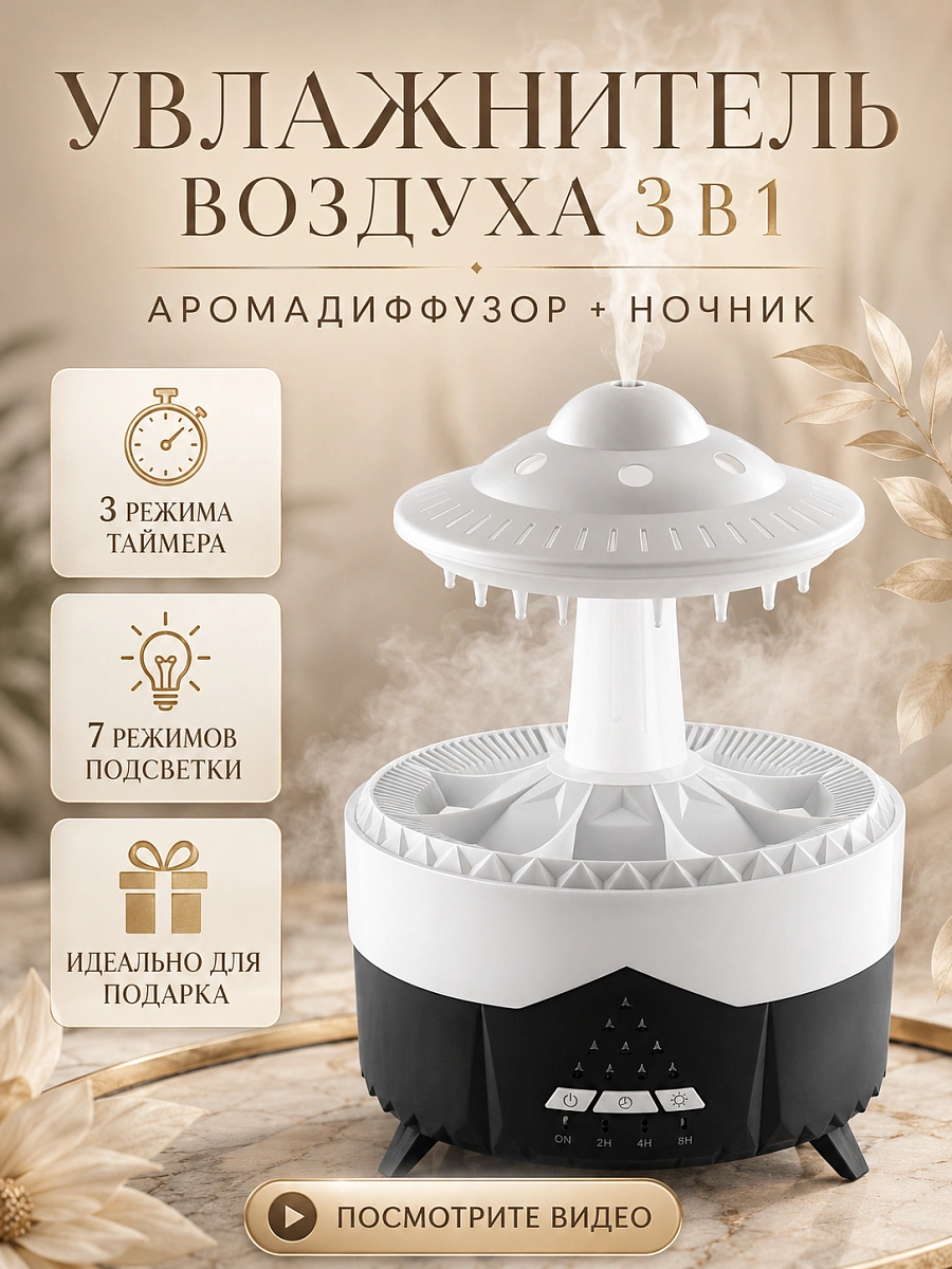 Увлажнитель воздуха ультразвуковой Гриб TWO с эффектом дождя, пультом и подсветкой, 350 мл, черный